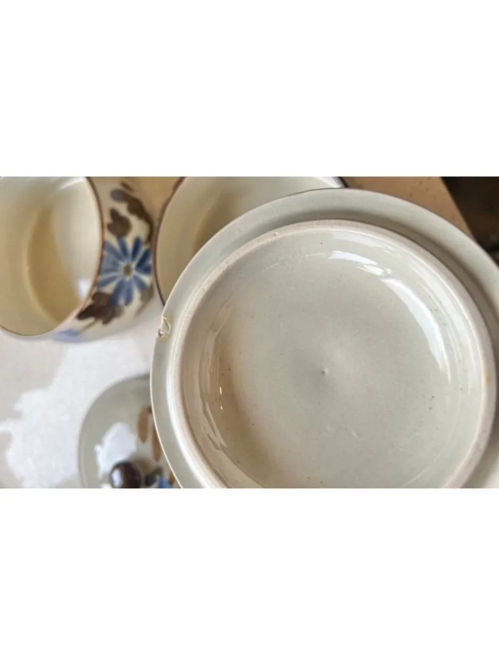 Ceramic Soup Bowls Lids & Handles Speckled Gray Blue Floral Ovenproof Set Of 2
